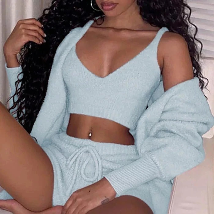 3pcs Womens Clothing Long Sleeve Crop Tank Top And Drawstring Shorts Pajama Set Drip Haven