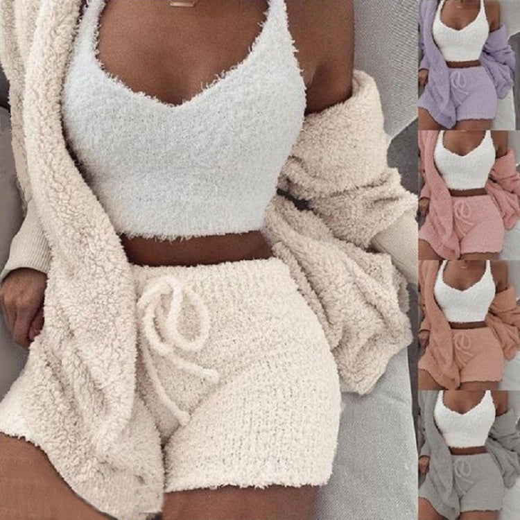 3pcs Womens Clothing Long Sleeve Crop Tank Top And Drawstring Shorts Pajama Set Drip Haven