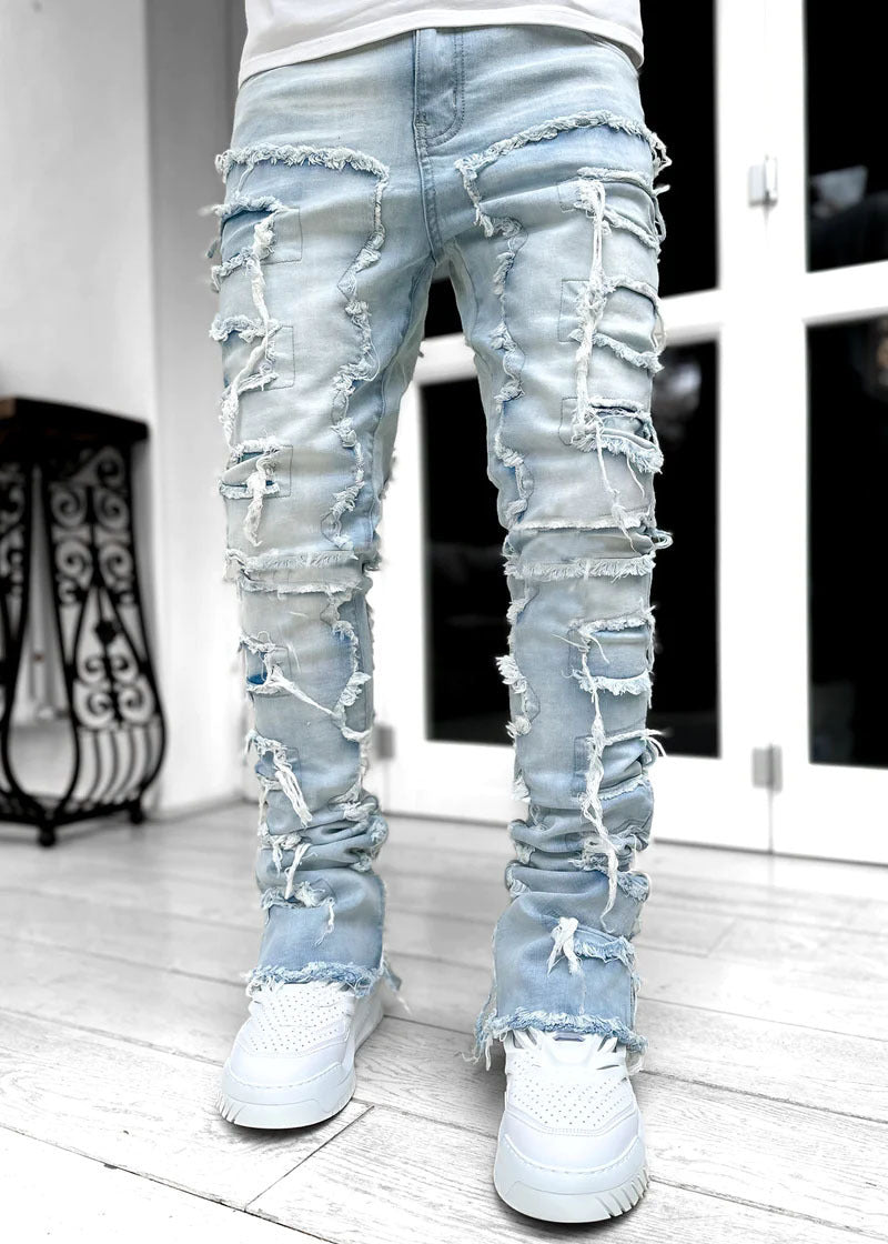 Patched Pants Long Tight Fit Stacked Jeans Drip Haven