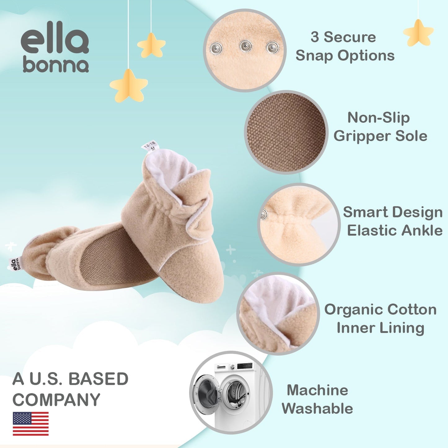Organic Baby Booties, Newborn Booties Basic, Khaki Ella Bonna Baby