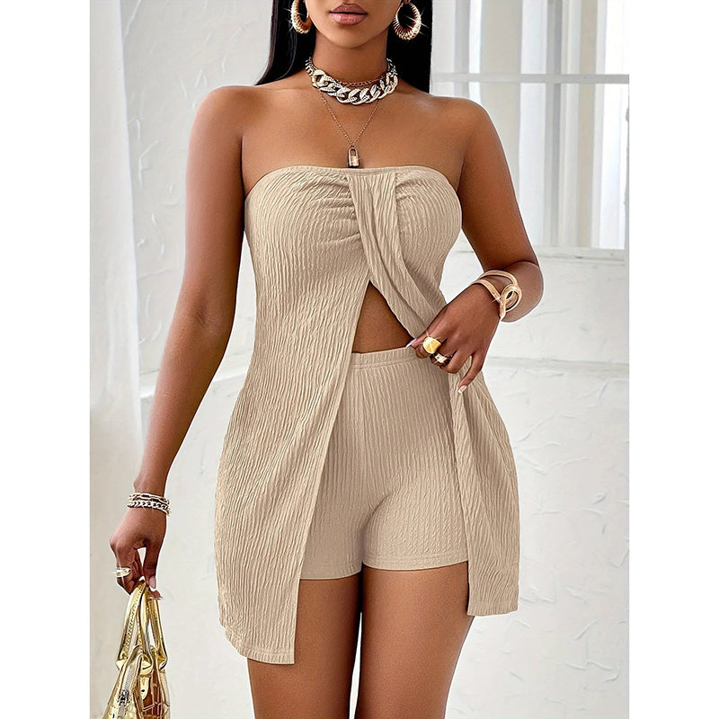 2 Piece Outfits Elegant Textured Strapless Ruched Drip Haven