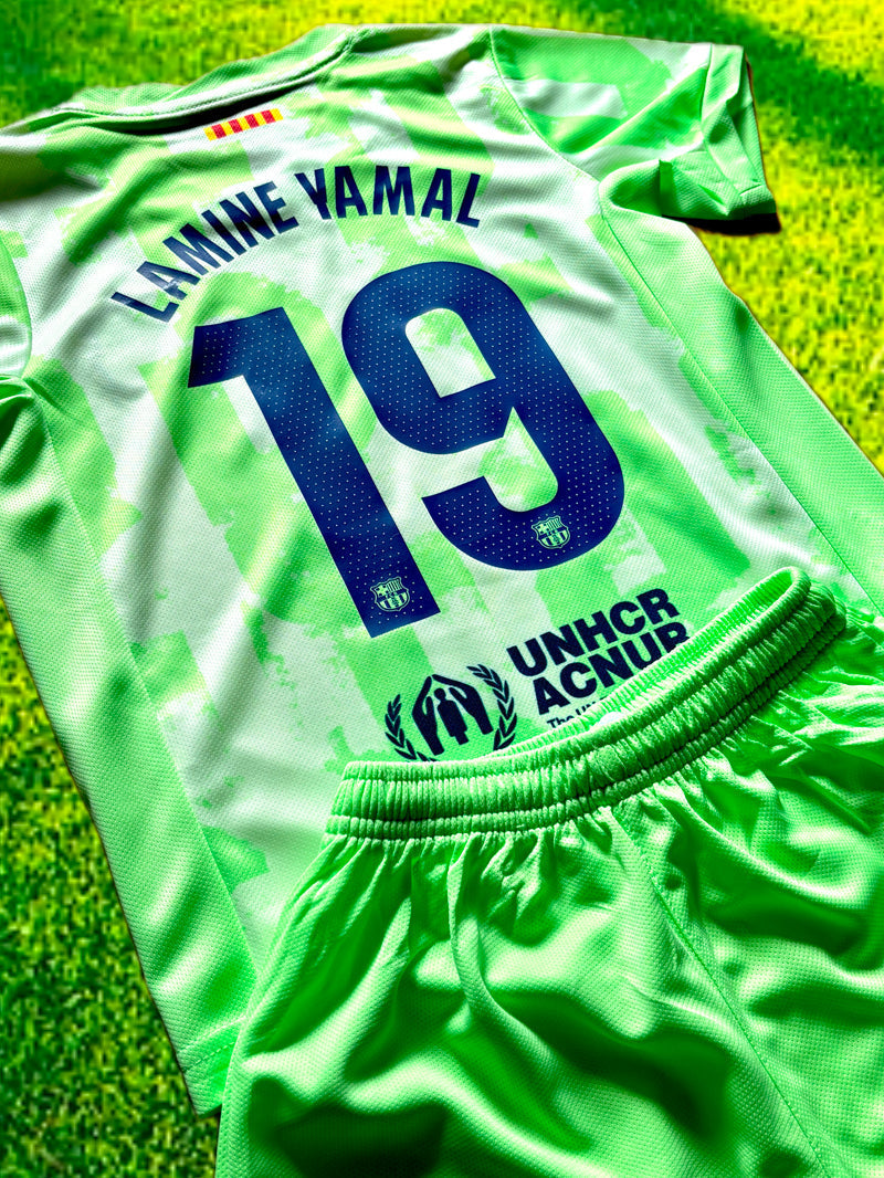 Lamine Yamal Green Kids Barcelona Soccer Jersey Kit CustomKiddos.com