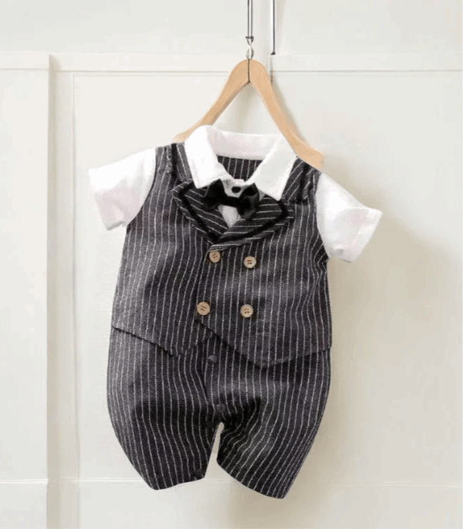 Baby Boy Gentleman Jumpsuit With Bow Tie & Vest Style
