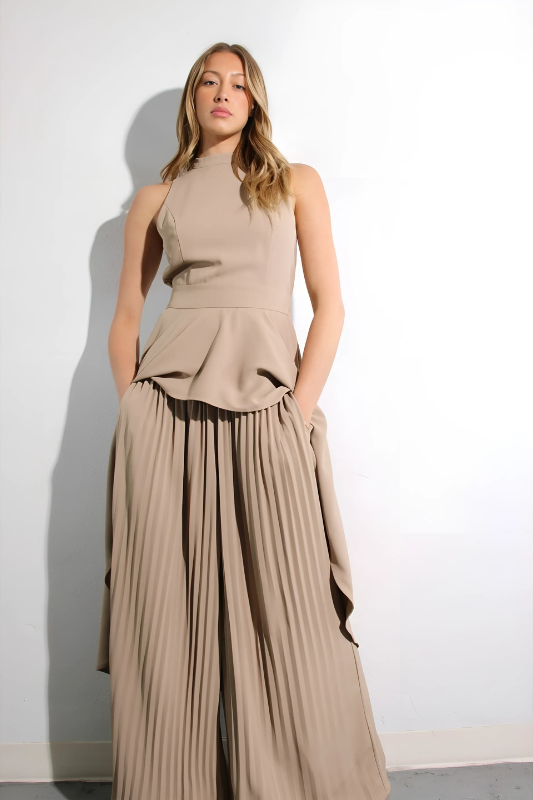 Escape to Milan Taupe Pleated Pants Set Luxe and Allure