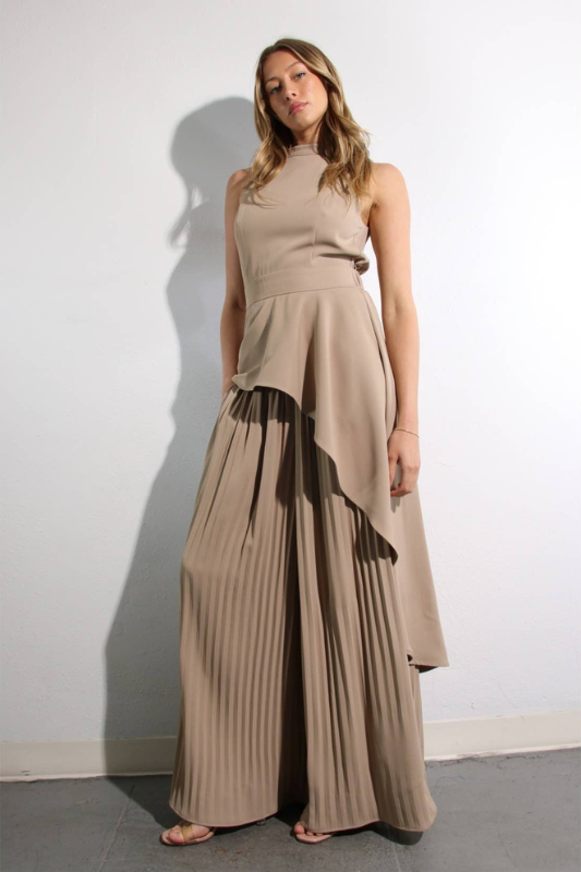 Escape to Milan Taupe Pleated Pants Set Luxe and Allure