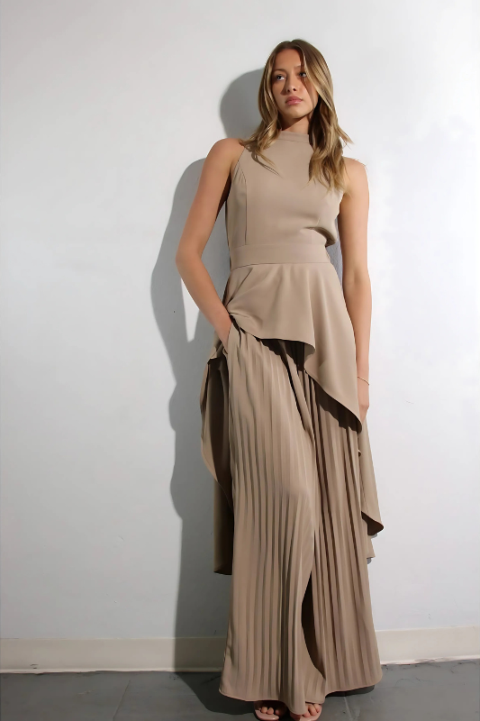 Escape to Milan Taupe Pleated Pants Set Luxe and Allure