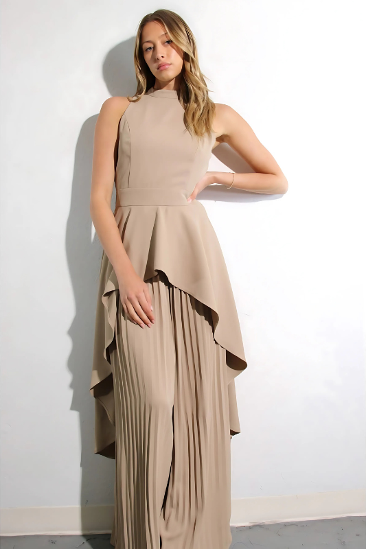 Escape to Milan Taupe Pleated Pants Set Luxe and Allure