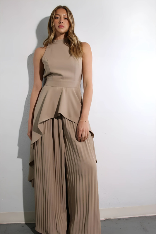 Escape to Milan Taupe Pleated Pants Set Luxe and Allure