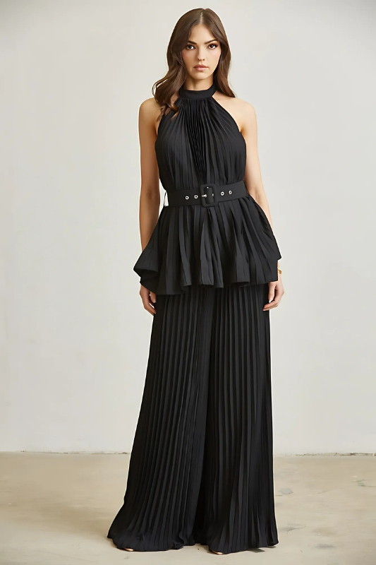Midnight in Monaco Chiffon Pleated Pant Set Luxe and Allure