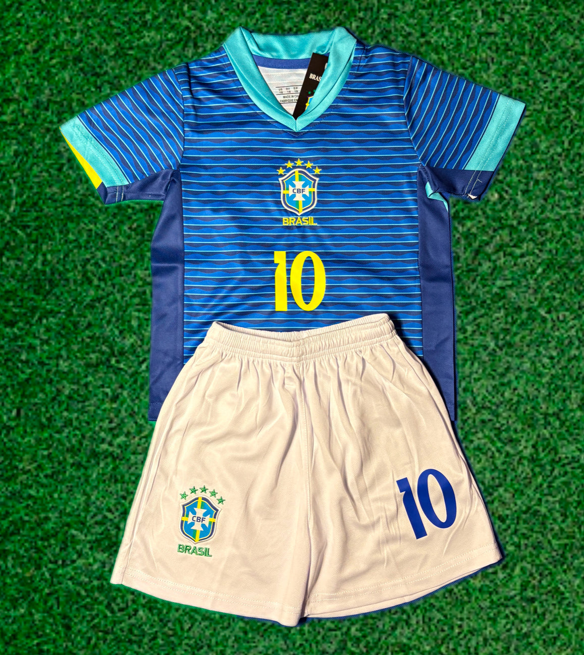 Neymar Jr Blue Brazil Away Jersey Kids Soccer Jersey Set Youth & Toddler Sizes CustomKiddos.com