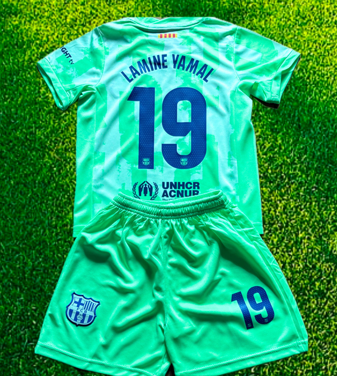 Lamine Yamal Green Kids Barcelona Soccer Jersey Kit CustomKiddos.com