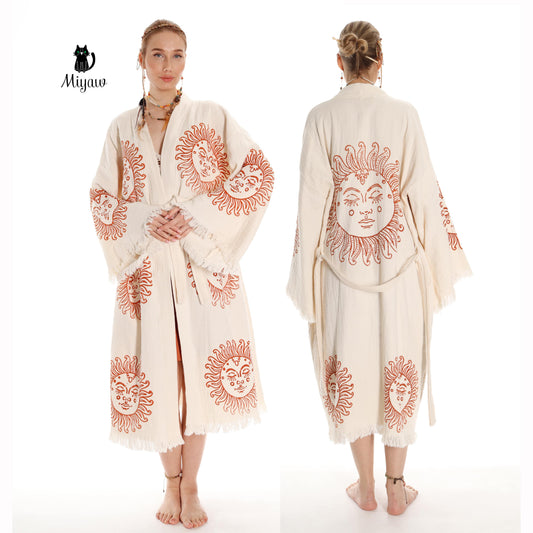 Unique Sun Stamped Robe: Eco-Friendly Organic Cotton Boho Kimono