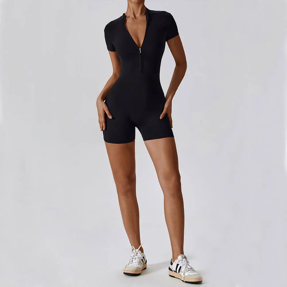 ZenFit Short Sleeve Zip Yoga Bodysuit THRIXINE