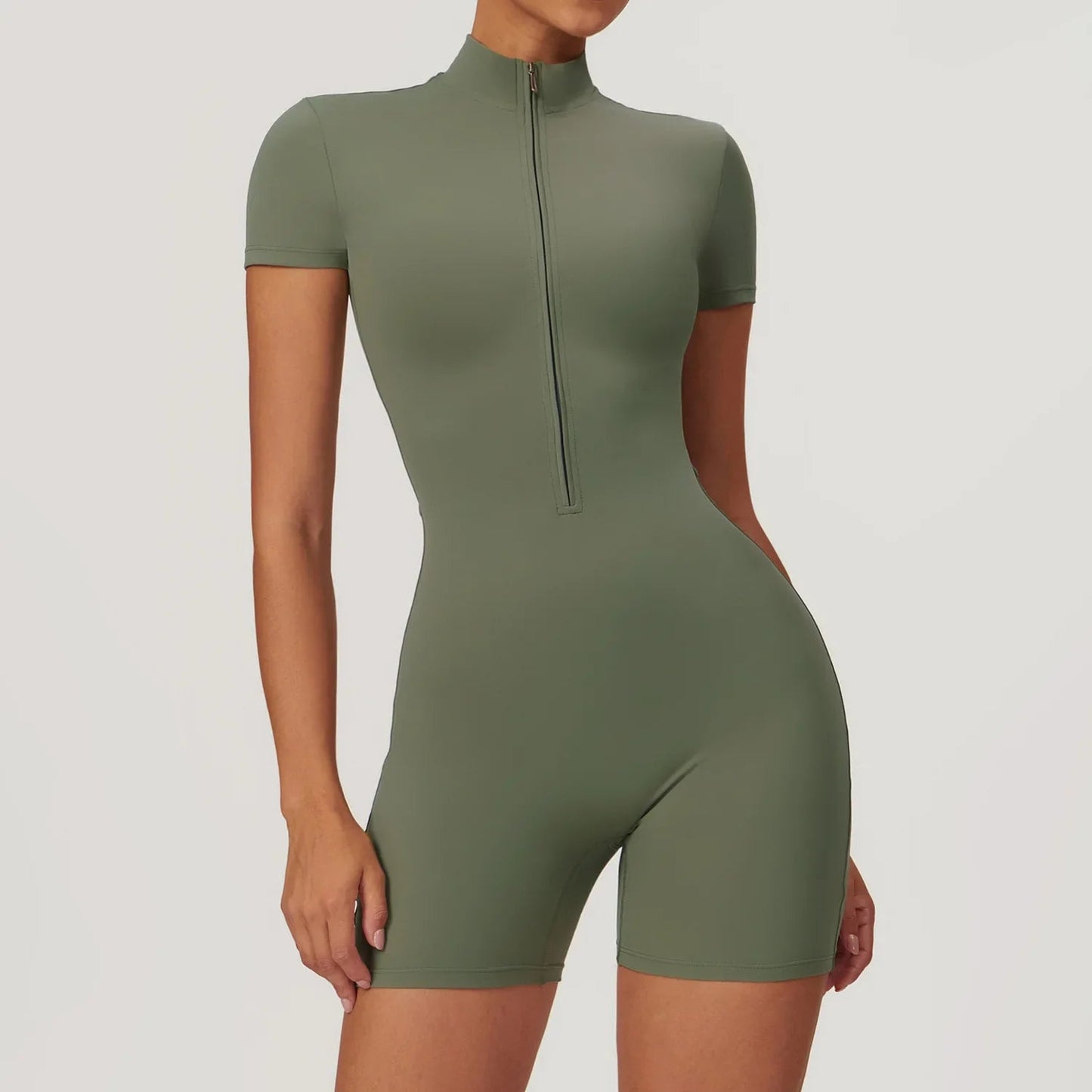 ZenFit Short Sleeve Zip Yoga Bodysuit THRIXINE