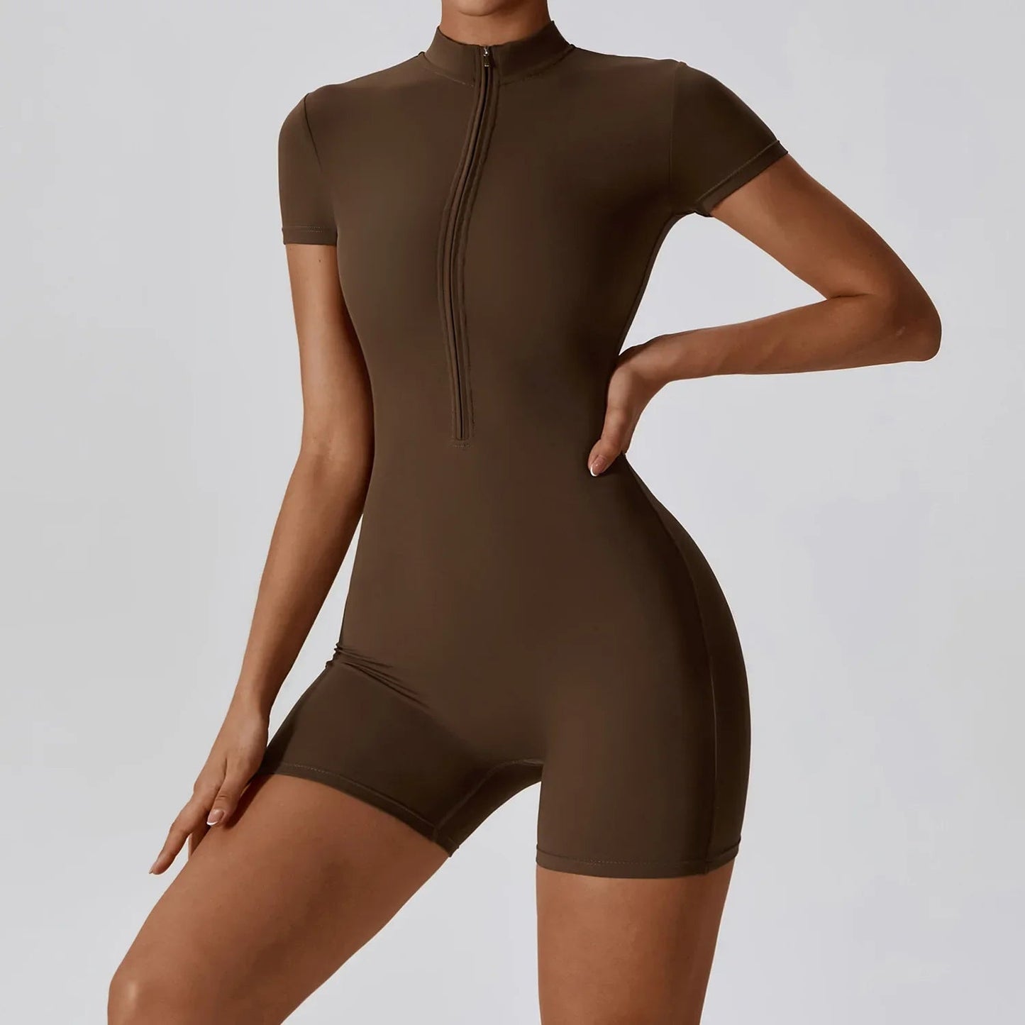 ZenFit Short Sleeve Zip Yoga Bodysuit THRIXINE