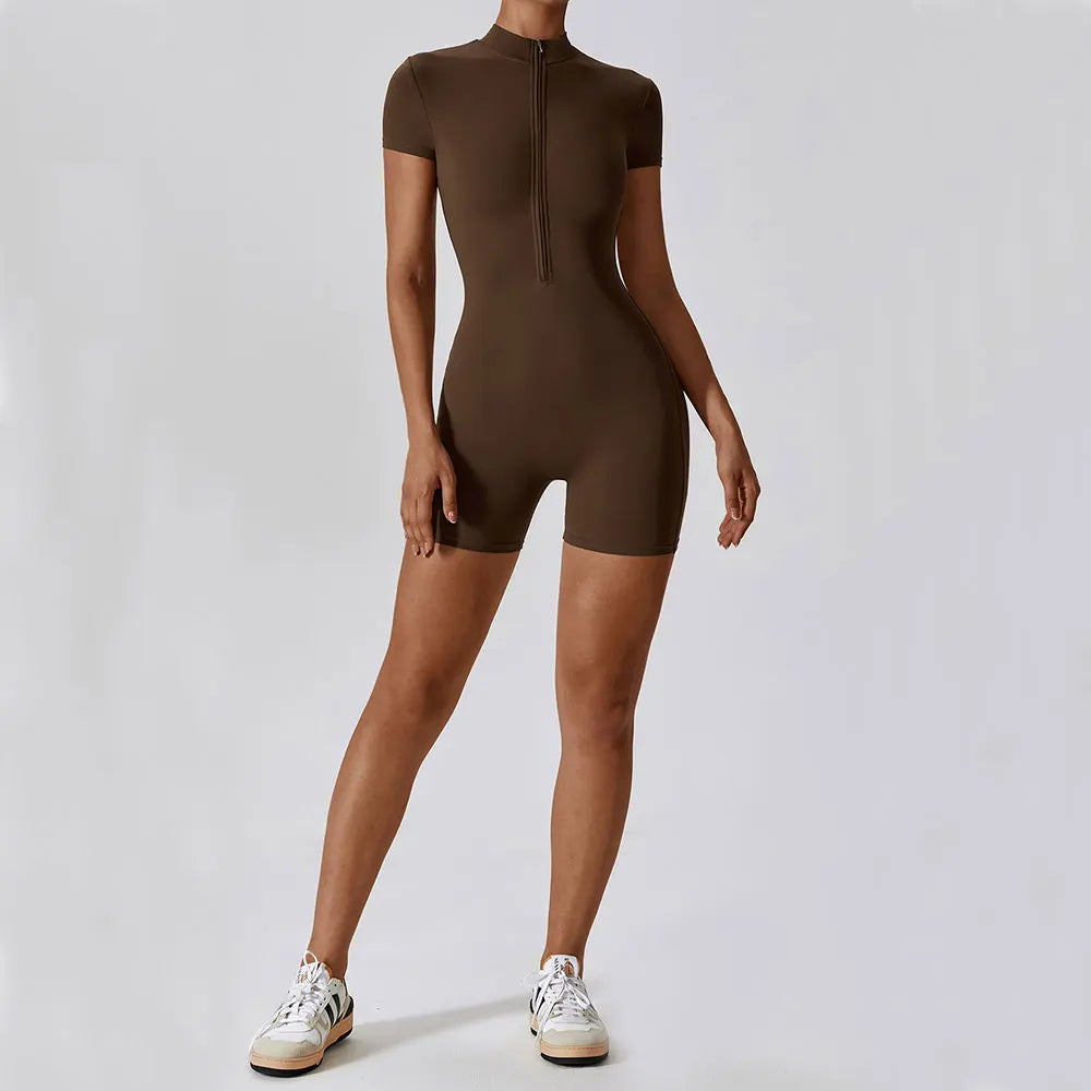 ZenFit Short Sleeve Zip Yoga Bodysuit THRIXINE