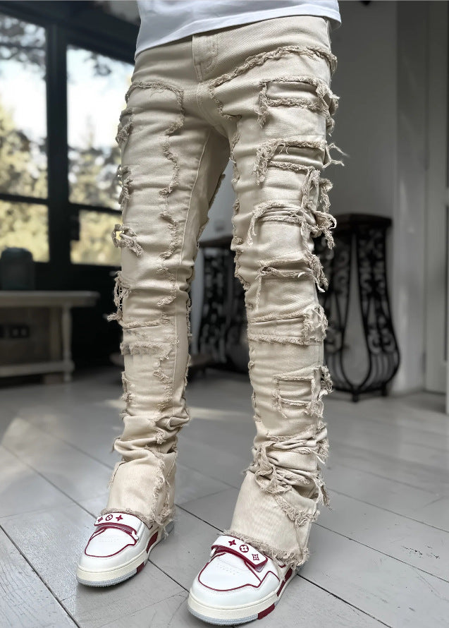 Patched Pants Long Tight Fit Stacked Jeans Drip Haven