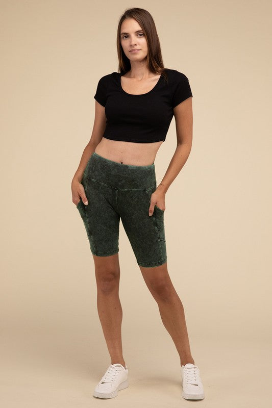 Mineral Wash Wide Waistband Pocket Leggings THRIXINE