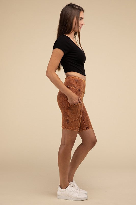 Mineral Wash Wide Waistband Pocket Leggings THRIXINE