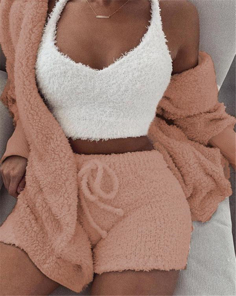 3pcs Womens Clothing Long Sleeve Crop Tank Top And Drawstring Shorts Pajama Set Drip Haven