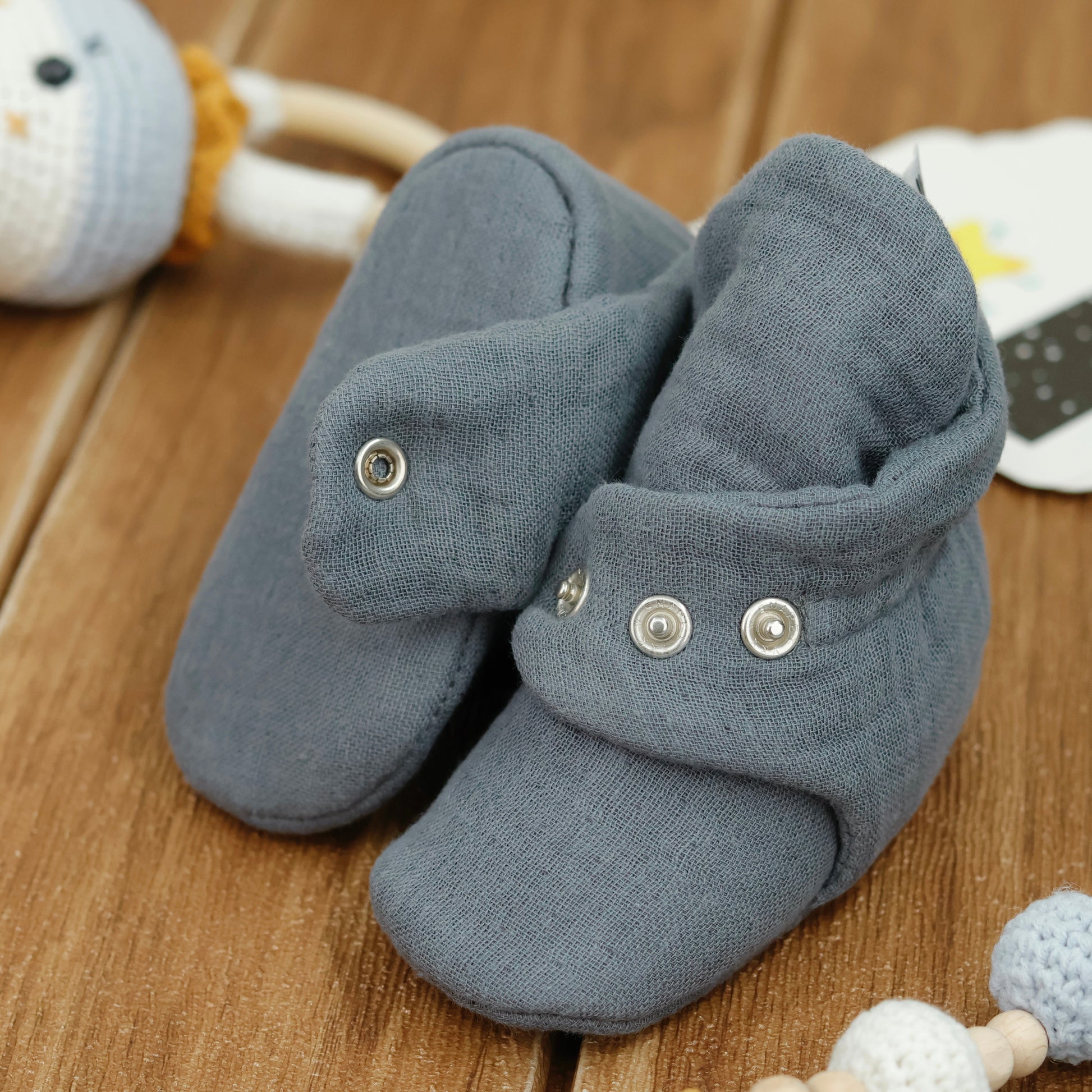 Muslin Stay On Baby Booties Dark Gray Ella Bonna Baby