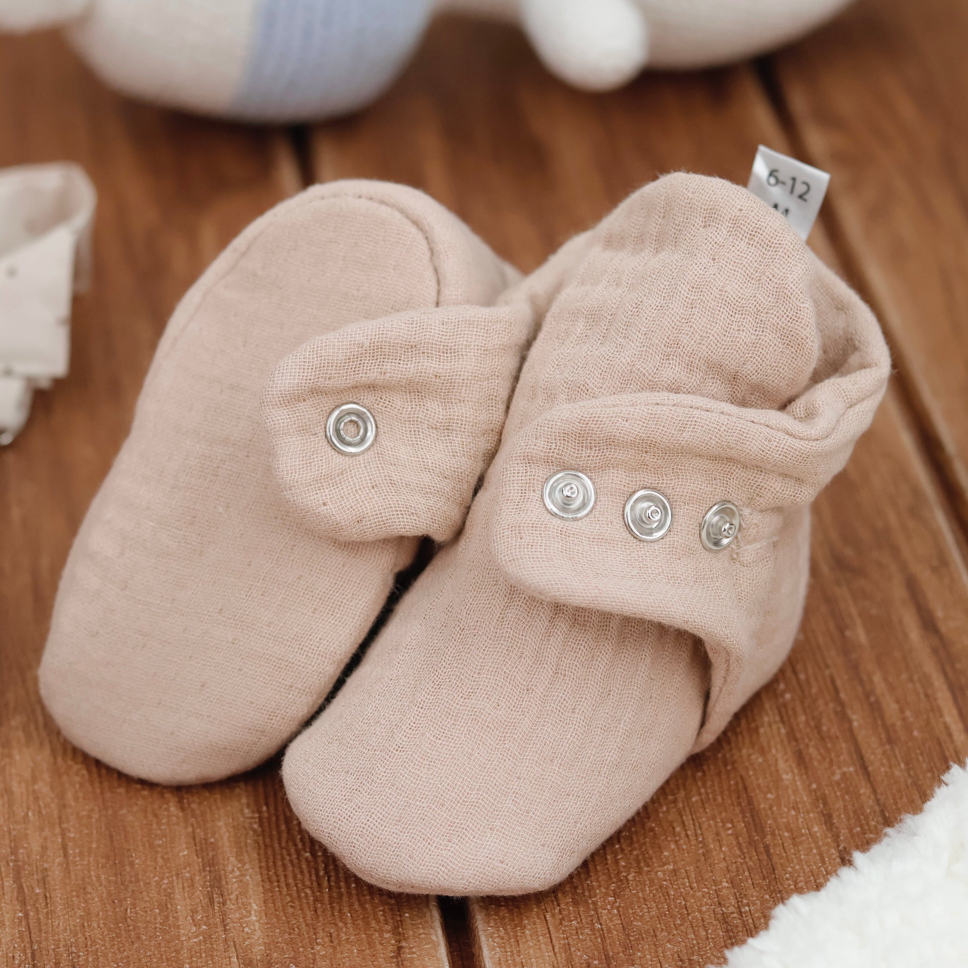 Muslin Stay On Baby Booties Beige Ella Bonna Baby