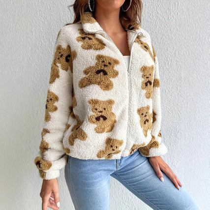 Bear Printed Furry Fleece-lined Warm And Loose Coat Drip Haven