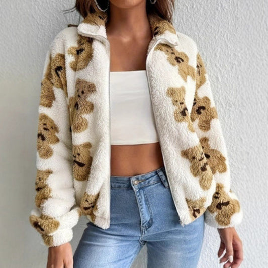 Bear Printed Furry Fleece-lined Warm And Loose Coat Drip Haven