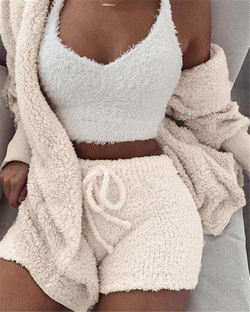 3pcs Womens Clothing Long Sleeve Crop Tank Top And Drawstring Shorts Pajama Set Drip Haven