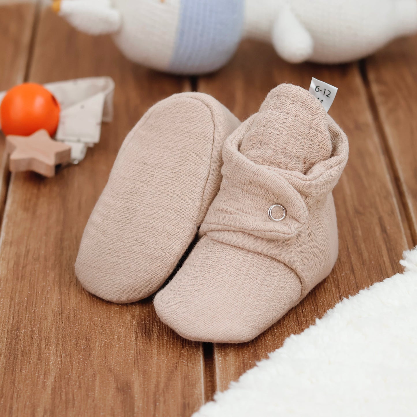 Muslin Stay On Baby Booties Beige Ella Bonna Baby
