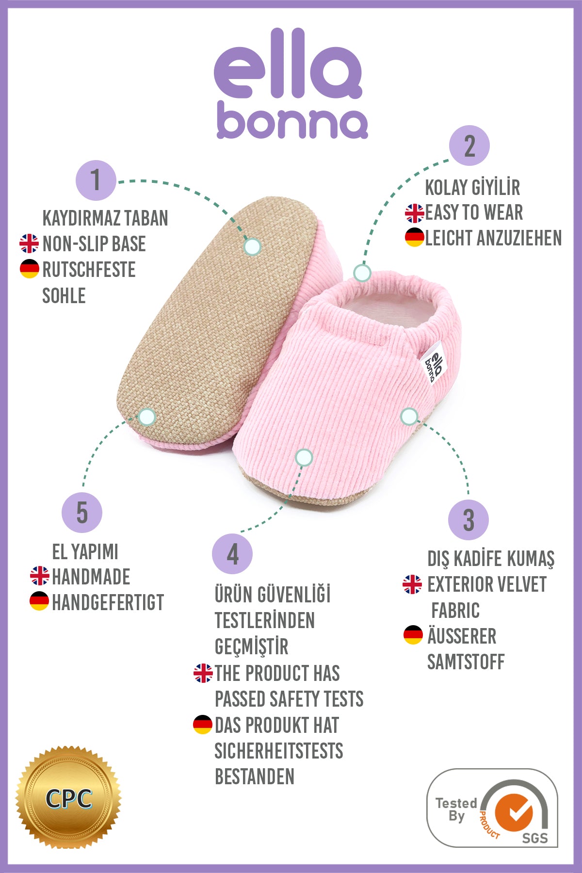 Organic Cotton Corduroy Home Nursery Moccasin Shoes , Pink Ella Bonna Baby