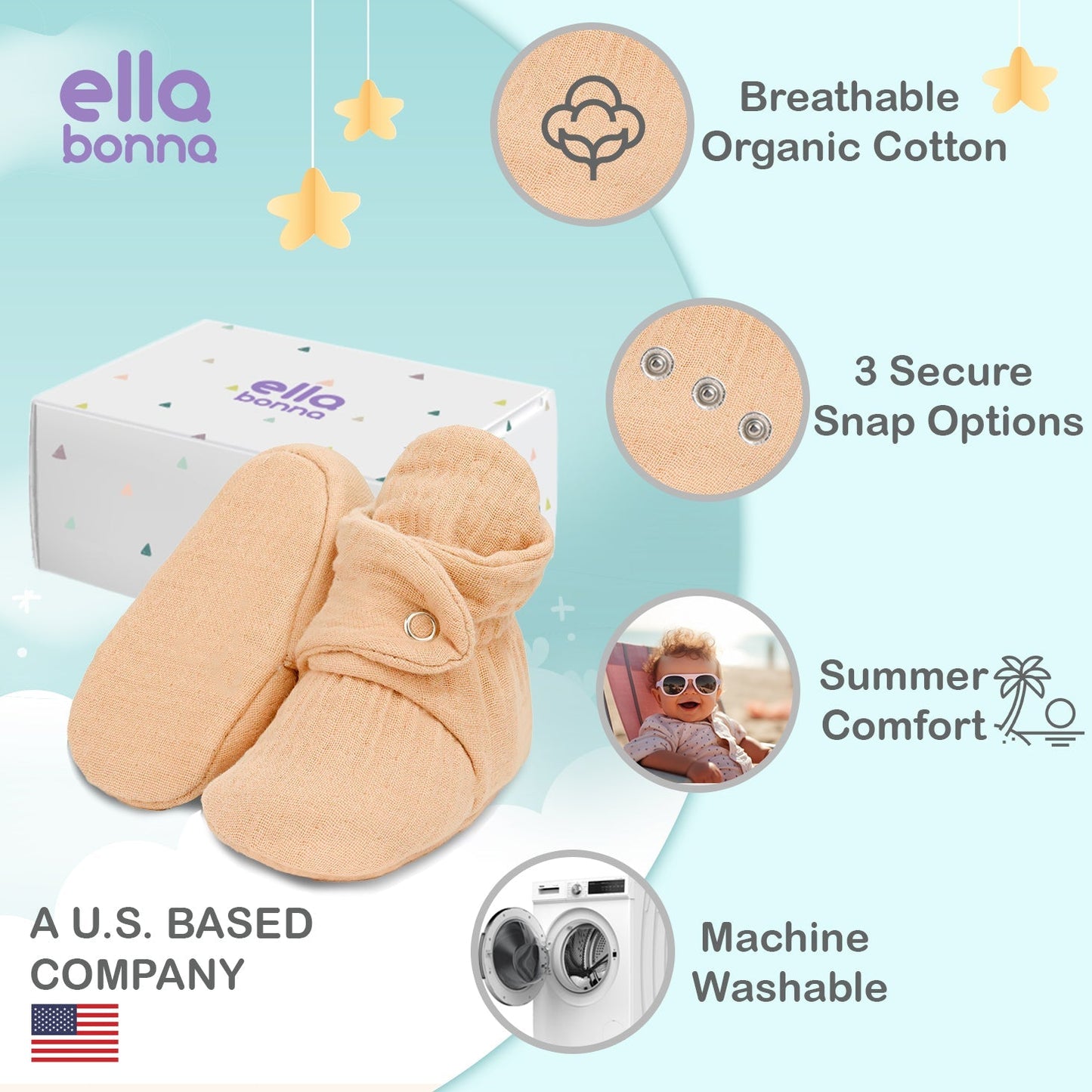 Muslin Stay On Baby Booties Beige Ella Bonna Baby