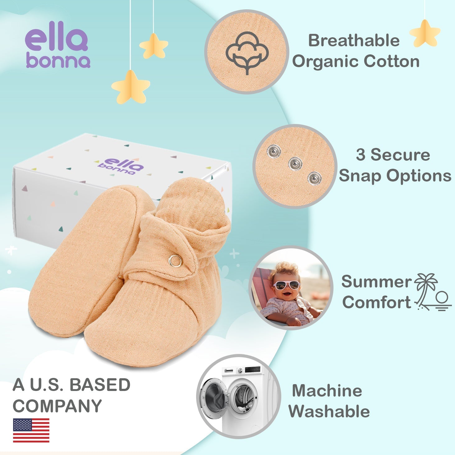 Muslin Stay On Baby Booties Beige Ella Bonna Baby