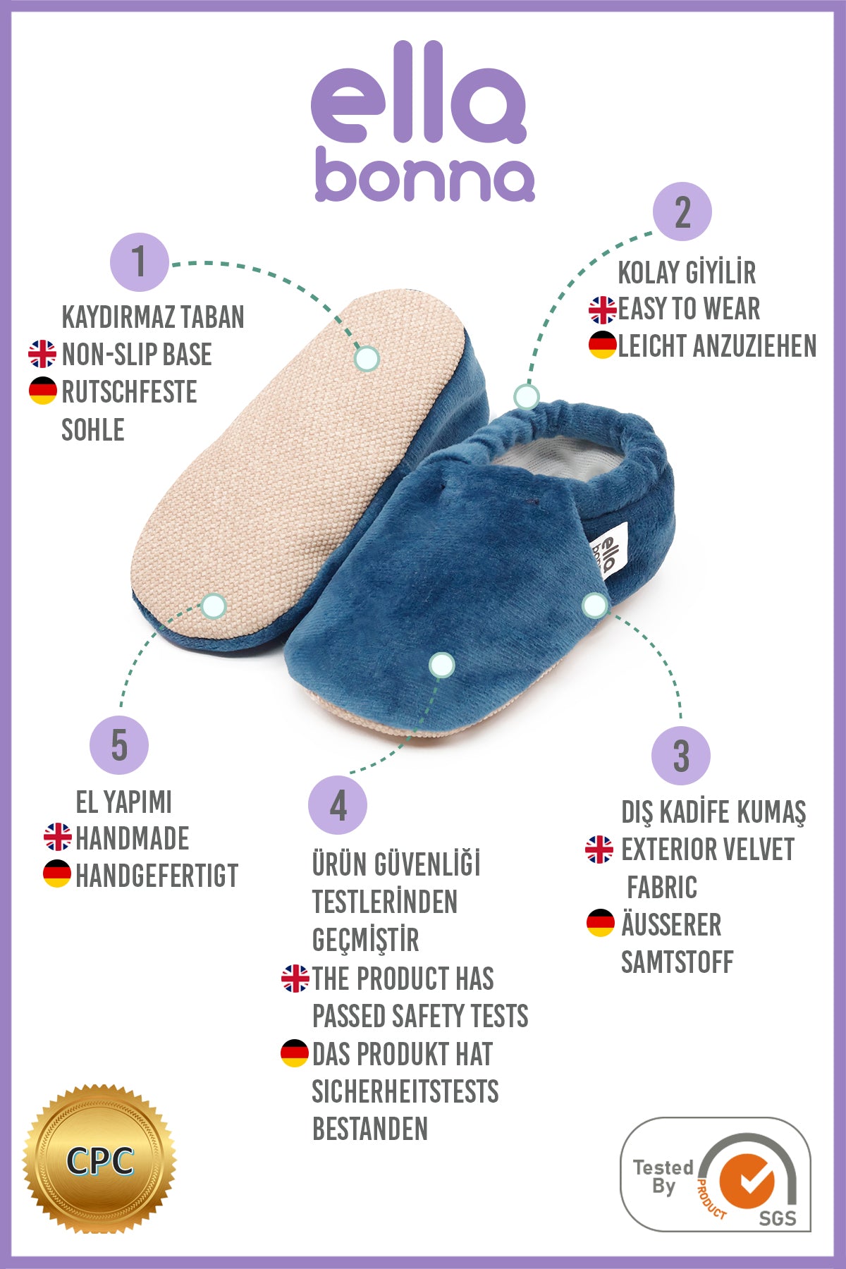 Organic Cotton Velvet Home Nursery Moccasin Shoes, Darkblue Ella Bonna Baby