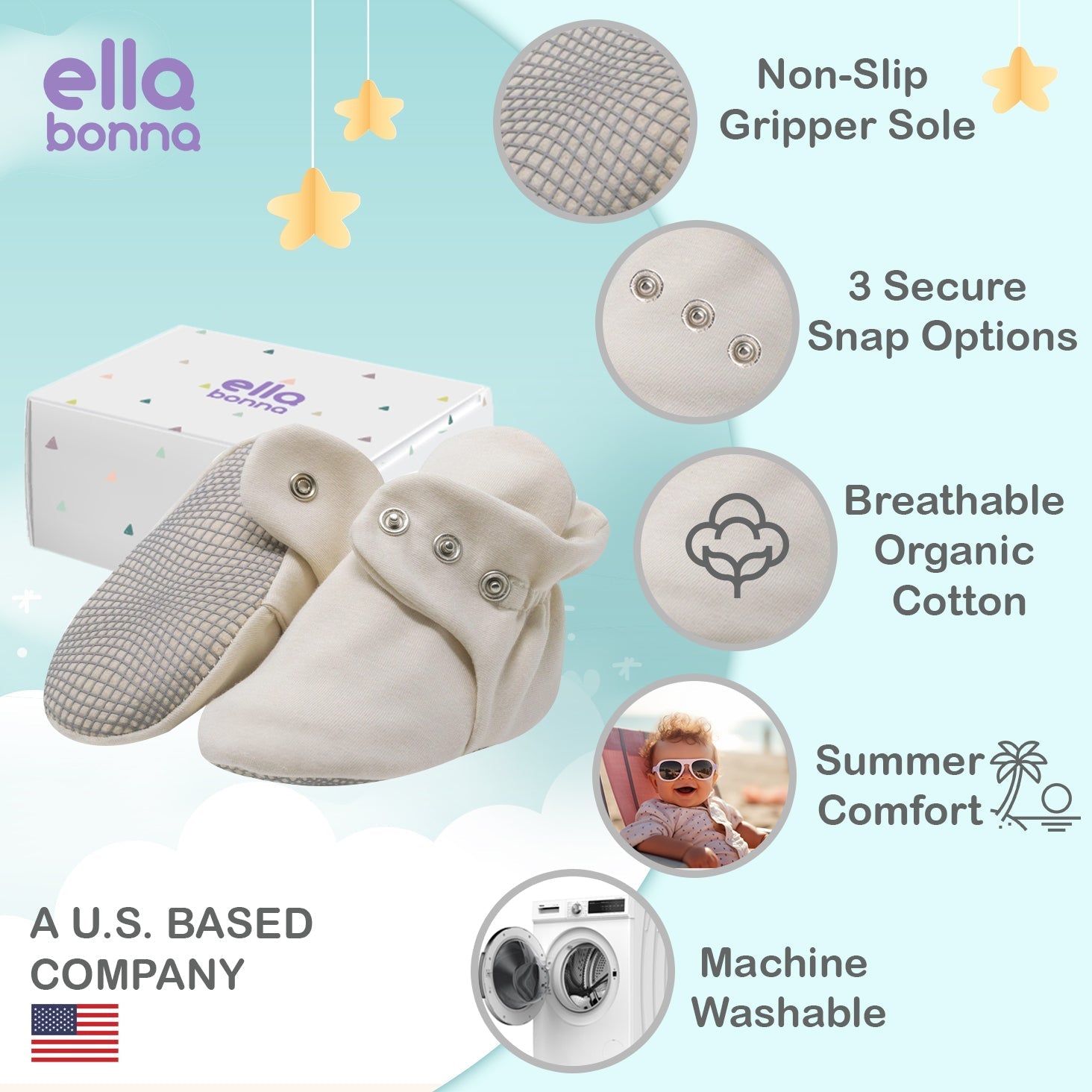 Organic Cotton Baby Booties, Non-Slip Sole, Cotton Newborn Booties Home Nursery Shoes, Santa Claus Ella Bonna Baby