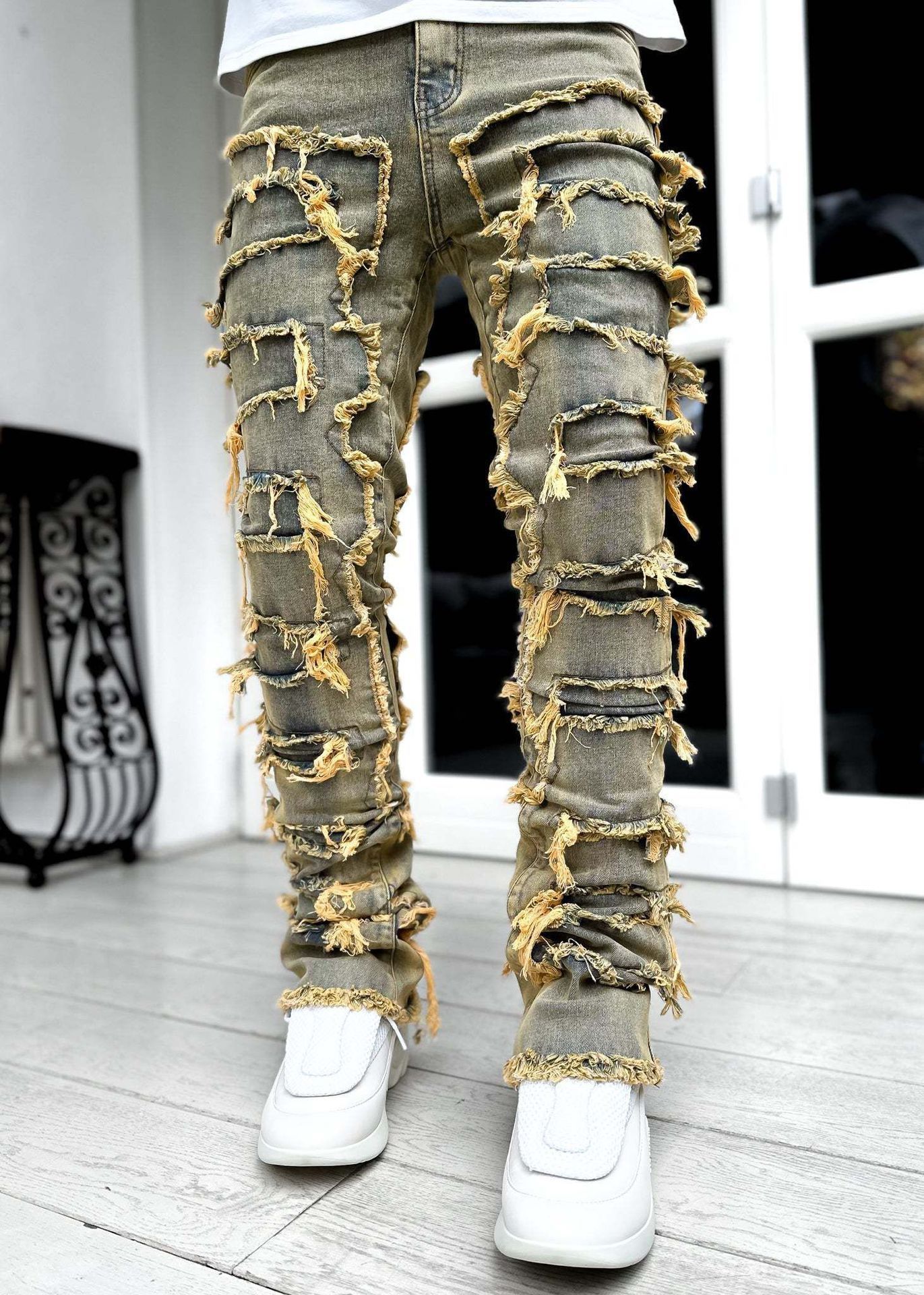 Patched Pants Long Tight Fit Stacked Jeans Drip Haven