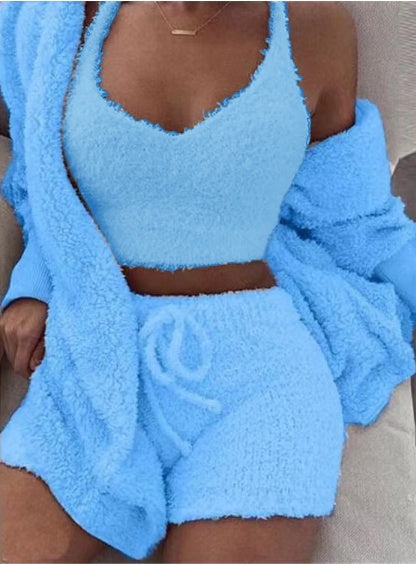 3pcs Womens Clothing Long Sleeve Crop Tank Top And Drawstring Shorts Pajama Set Drip Haven