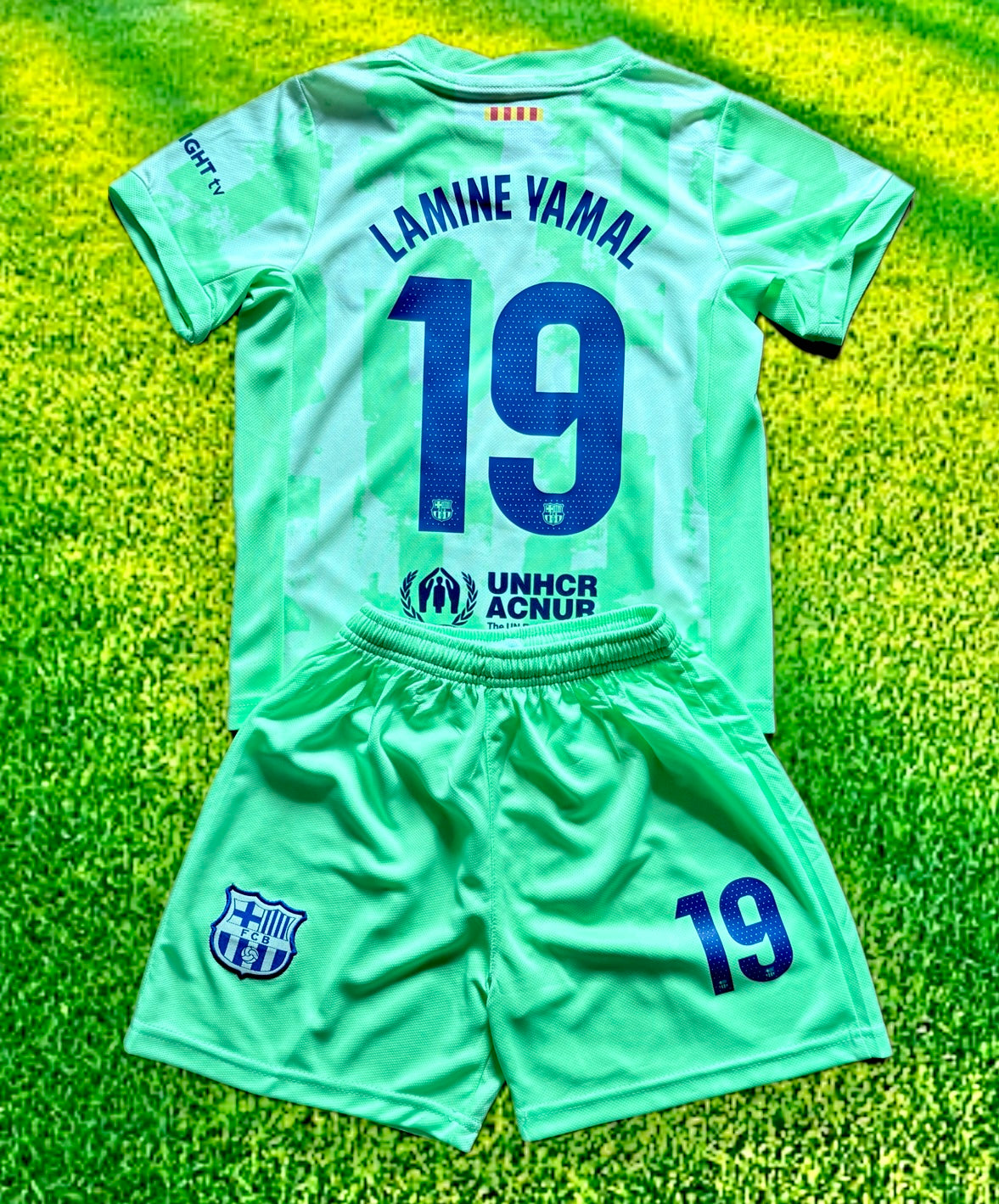 Lamine Yamal Green Kids Barcelona Soccer Jersey Kit CustomKiddos.com