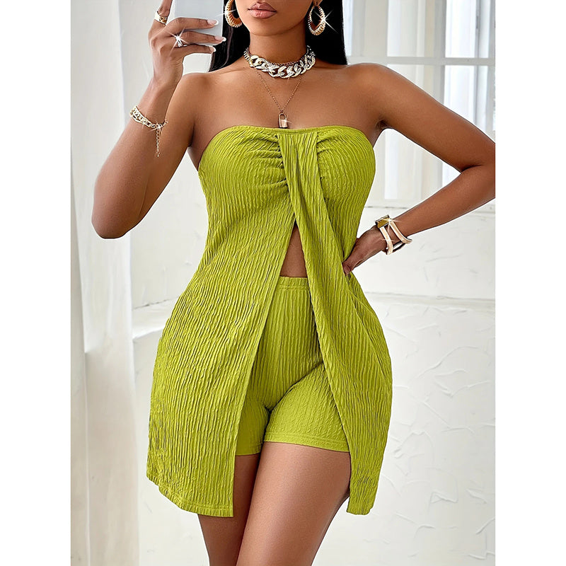 2 Piece Outfits Elegant Textured Strapless Ruched Drip Haven
