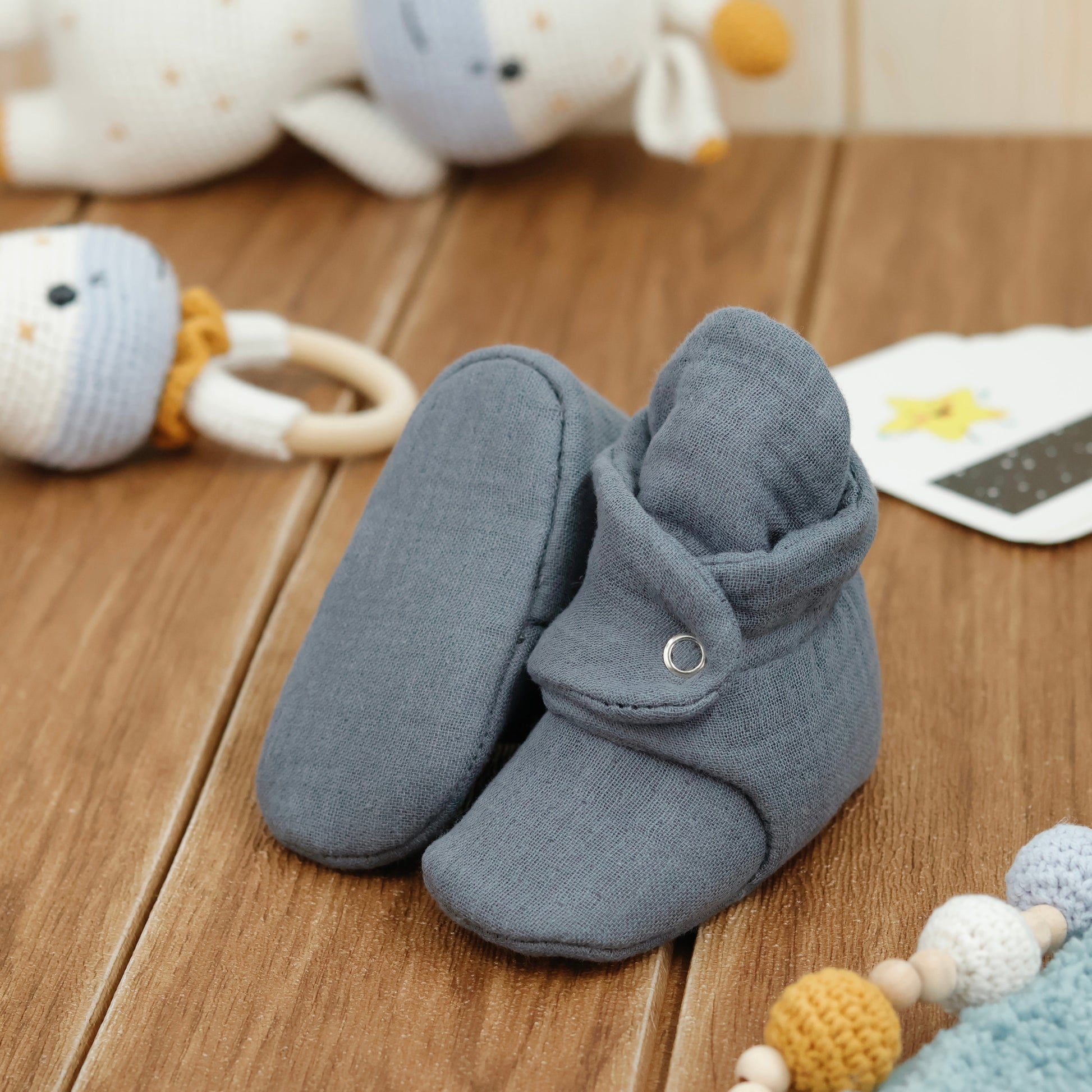 Muslin Stay On Baby Booties Dark Gray Ella Bonna Baby
