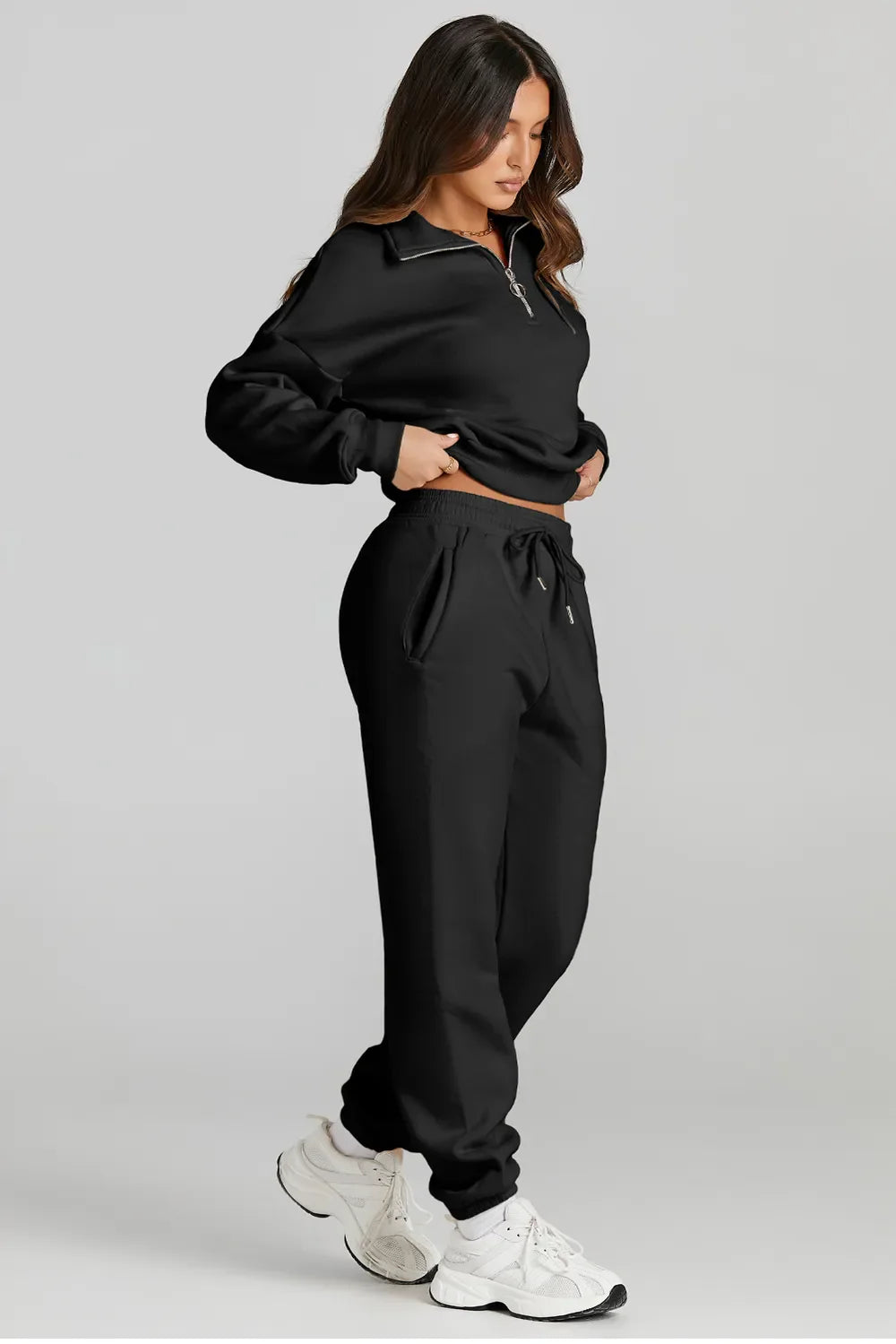 Quarter Zip Top and Drawstring Pants Active Set THRIXINE