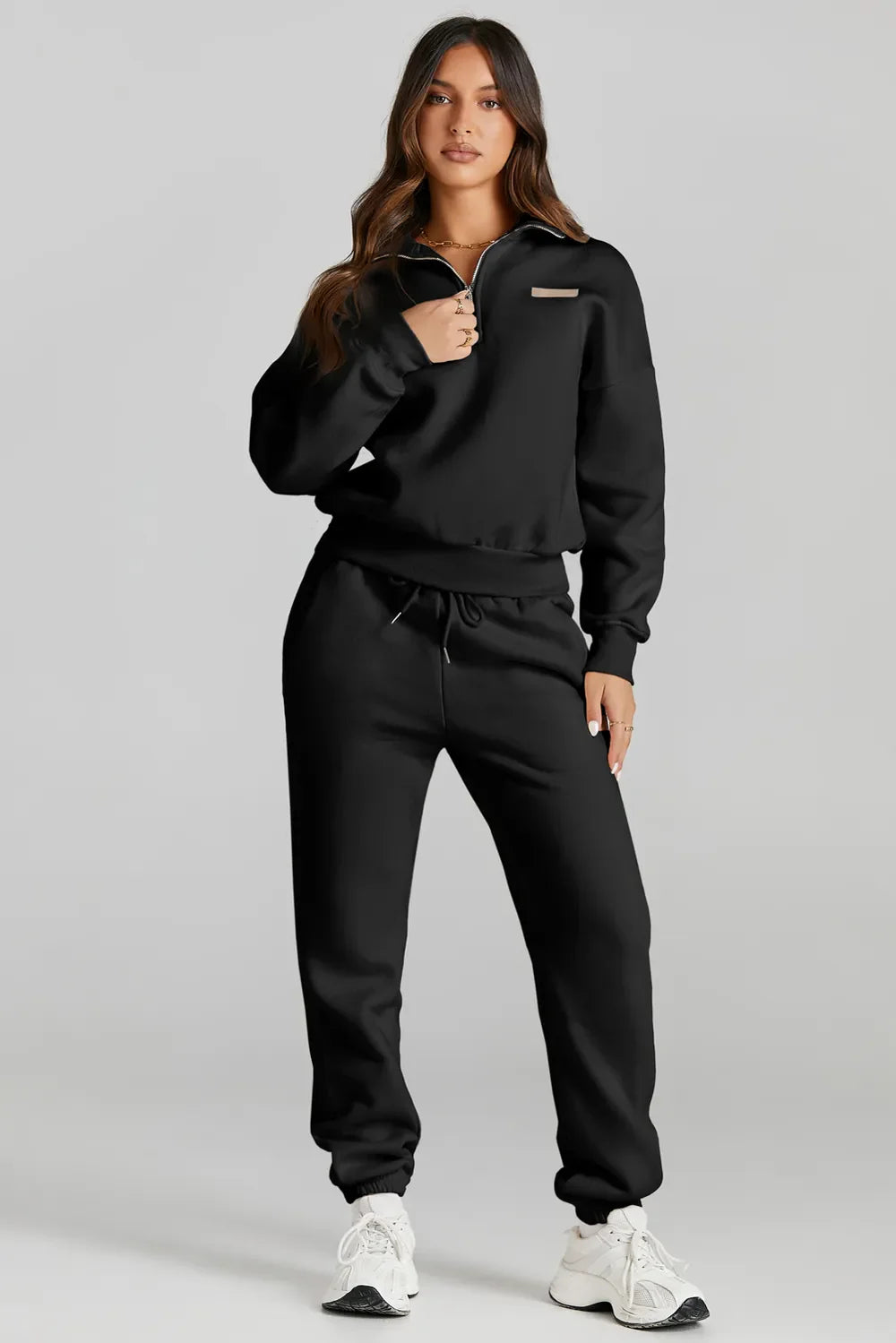 Quarter Zip Top and Drawstring Pants Active Set THRIXINE