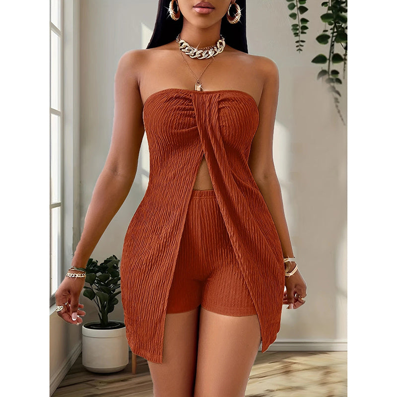 2 Piece Outfits Elegant Textured Strapless Ruched Drip Haven