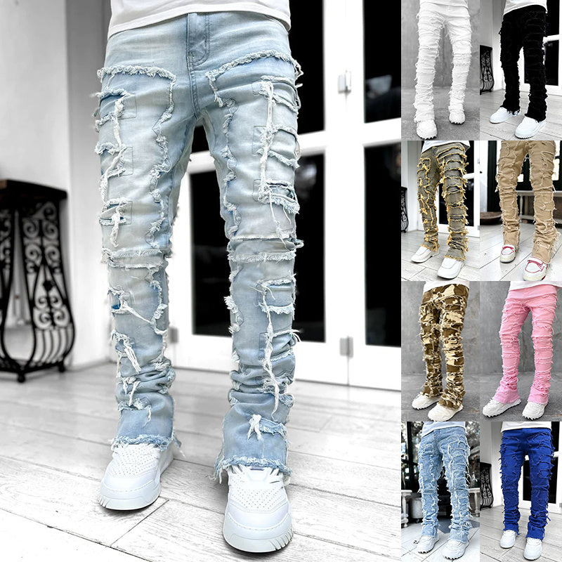 Patched Pants Long Tight Fit Stacked Jeans Drip Haven