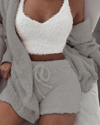 3pcs Womens Clothing Long Sleeve Crop Tank Top And Drawstring Shorts Pajama Set Drip Haven