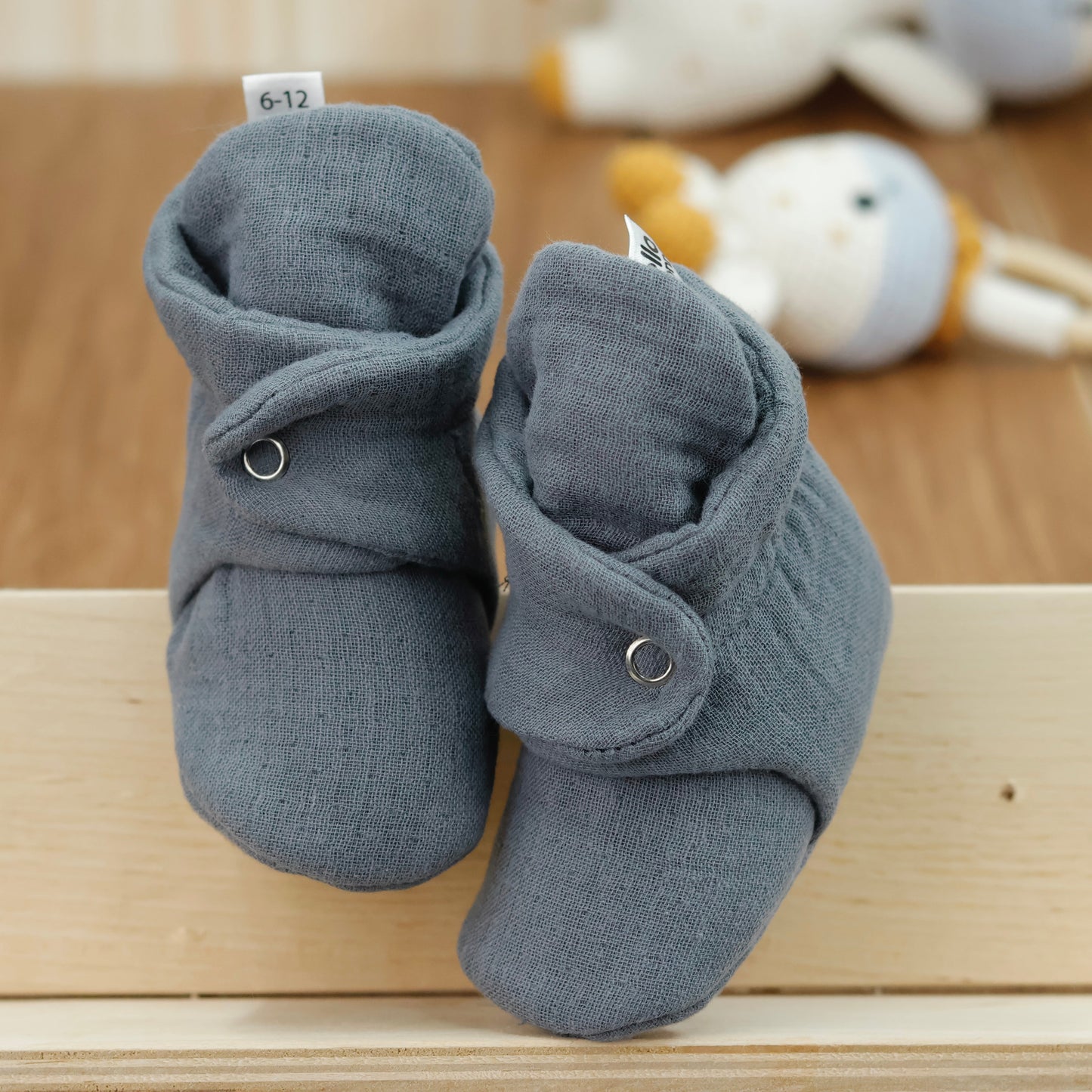 Muslin Stay On Baby Booties Dark Gray Ella Bonna Baby