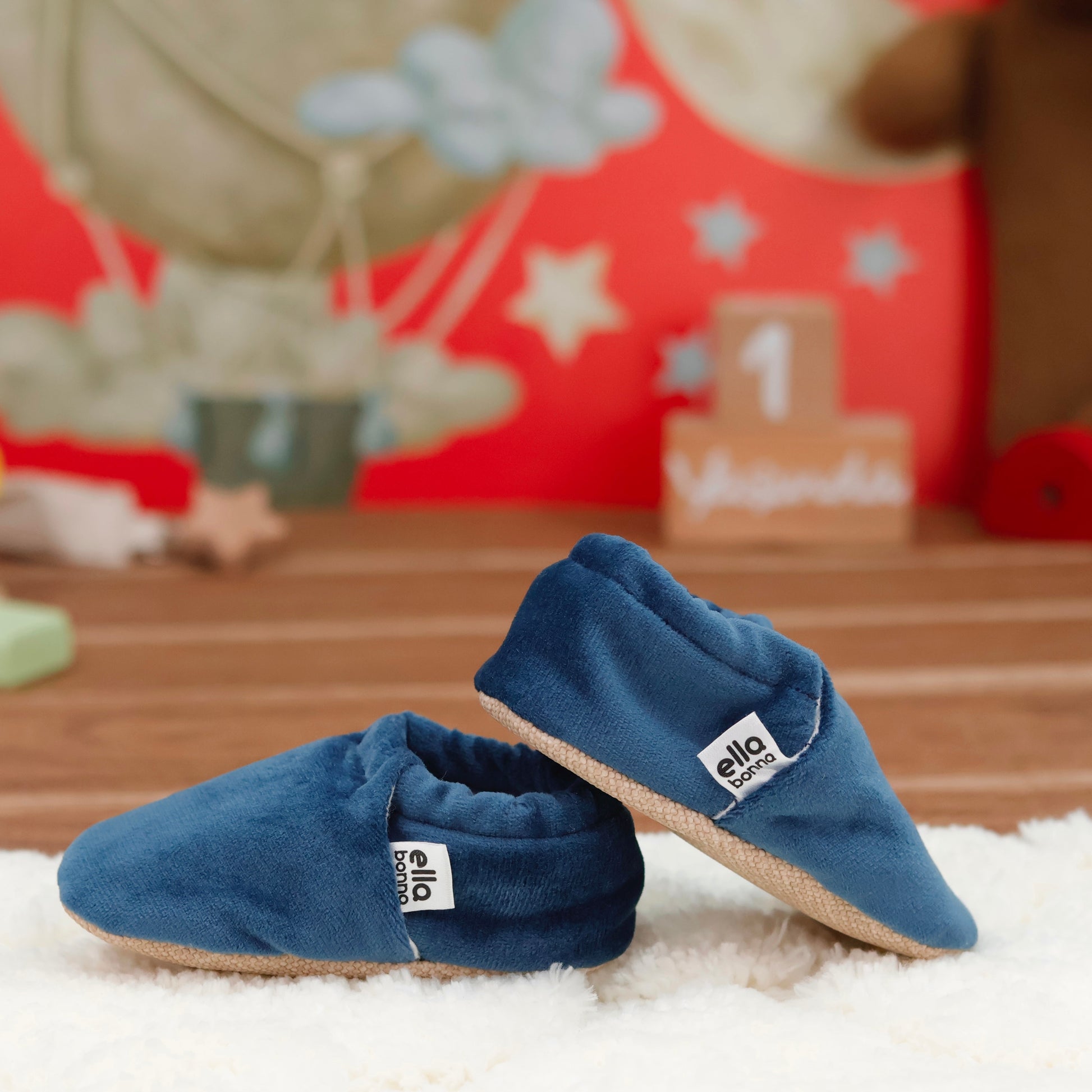 Organic Cotton Velvet Home Nursery Moccasin Shoes, Darkblue Ella Bonna Baby