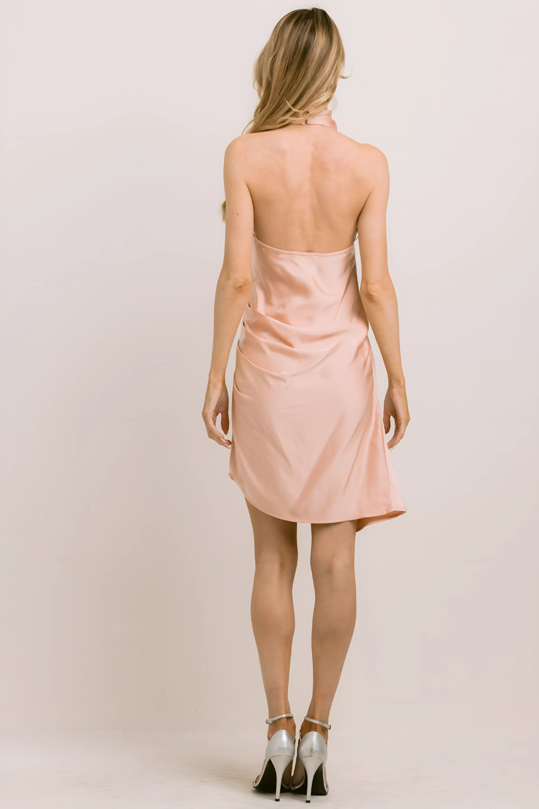 Velaa Drape Satin Mock Neck Dress Luxe and Allure