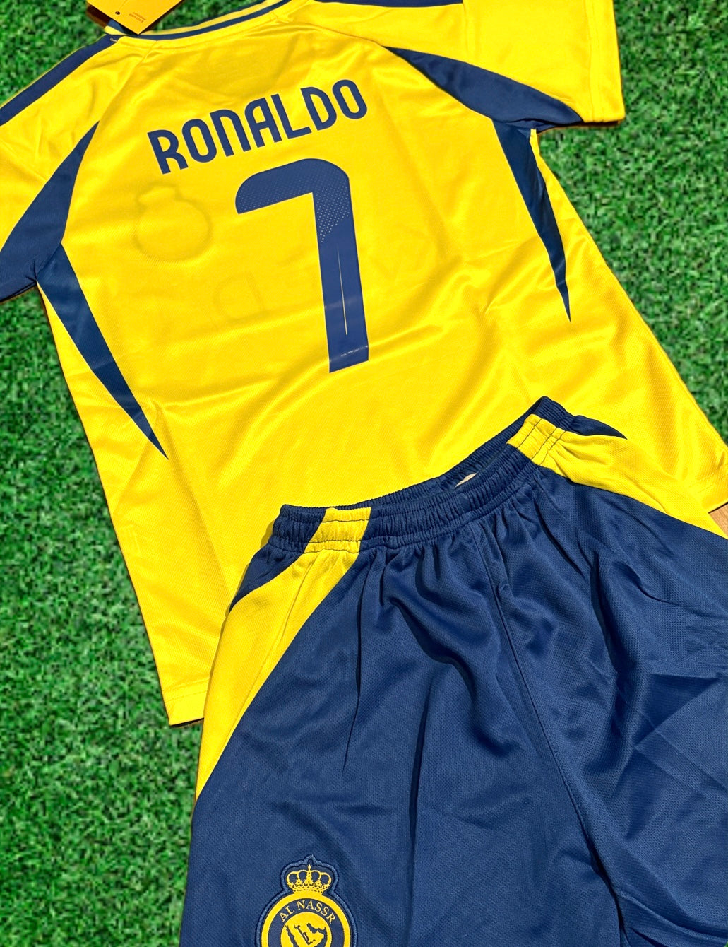 Ronaldo Yellow Al Nassr Kids Away Soccer Jersey Kit Youth Toddler Sizes CustomKiddos.com