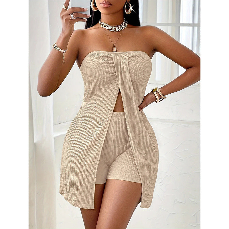 2 Piece Outfits Elegant Textured Strapless Ruched Drip Haven